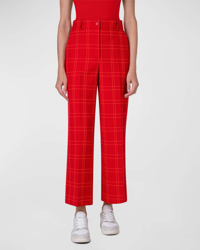 Chiara Window Check Cotton-Blend Canvas Straight Ankle Pants